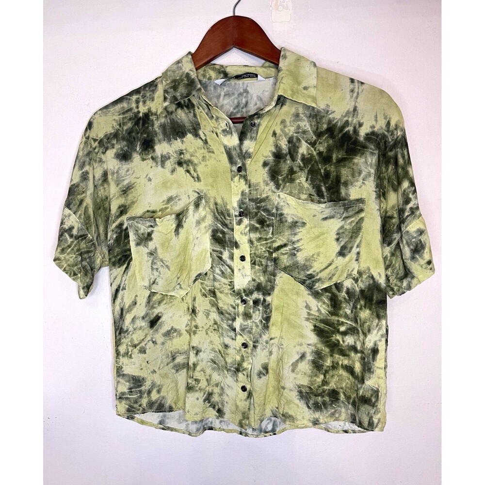 ZARA womens small green Tie-Dye Button-Up Shirt Short Sleeve crop top